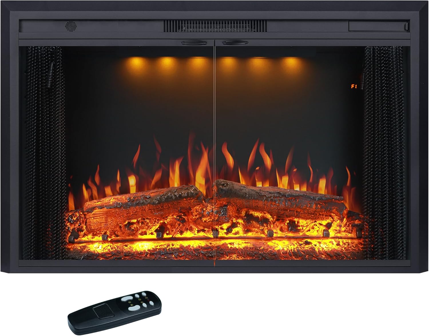 Valuxhome 43” W Electric Fireplace Heater with Crackling Sound, 1-9H Timer, Remote Control, Glass Door and Movable Mesh Screen, 3 Color Settings