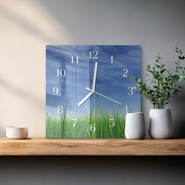 Zegar szklany 30x30 Trawa zielona natura ekologia cichy pokój