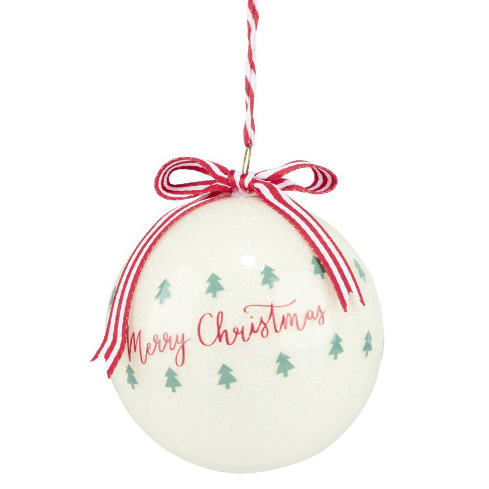 Boule de No&euml;l Merry Christmas avec noeud Ø8cm (2 modèles)