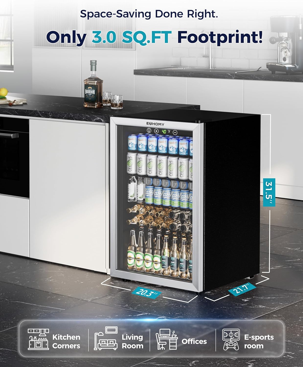EUHOMY 4.5 Cu.ft Beverage Refrigerator and Cooler, 145 Can Mini fridge with Glass Door for Soda Beer Wine, Small Drink Dispenser with Digital Adjustable Thermostat for Home Office Bar