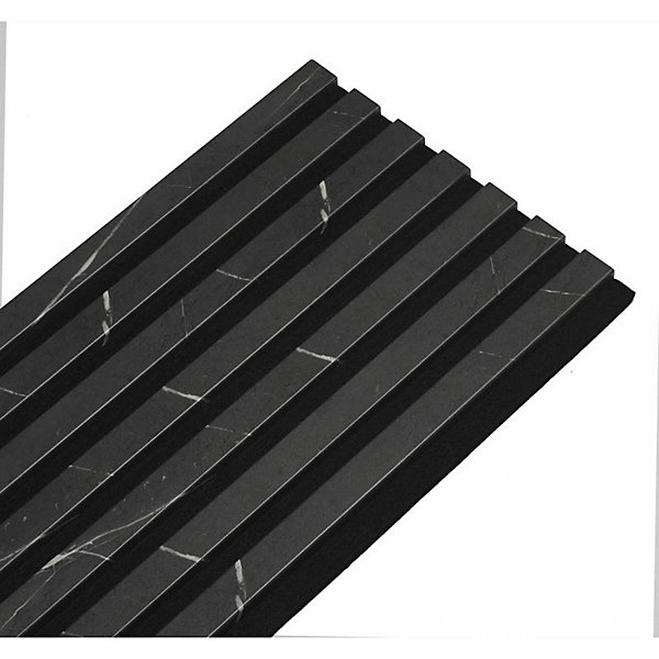 Lot de 7 Panneaux muraux tasseaux bois 120 x 30 x 1,9 cm - Tête de lit - Lamelles décor marbre noir / feutrine noir - 2,52m²
