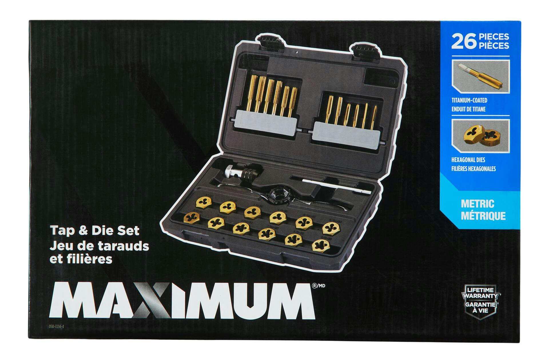 MAXIMUM Tap & Die Set, Metric, Titanium Coated, Carbon Steel, 26-pc