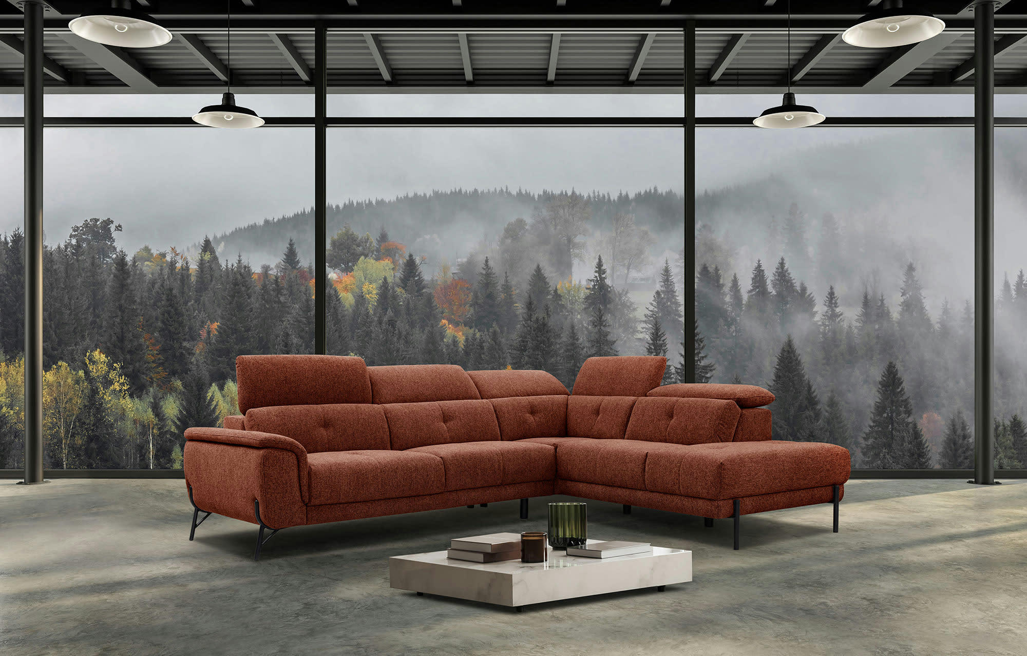 AVENA - Canapé d'angle droit  5 places en tissu brique