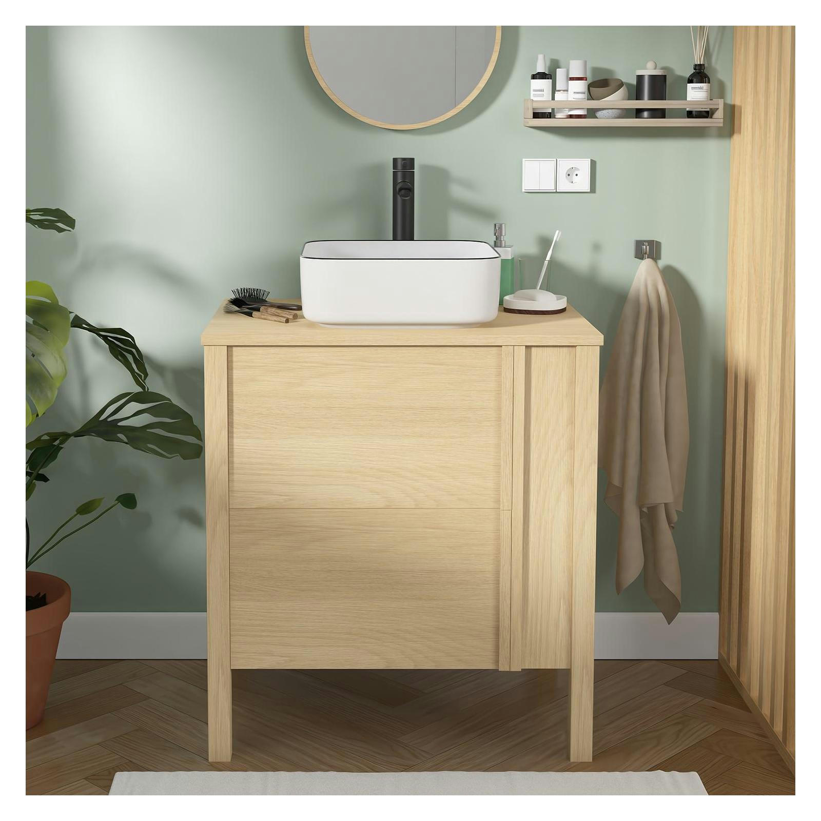 NESTO - Meuble simple vasque 70cm chêne  porte lisse + vasque