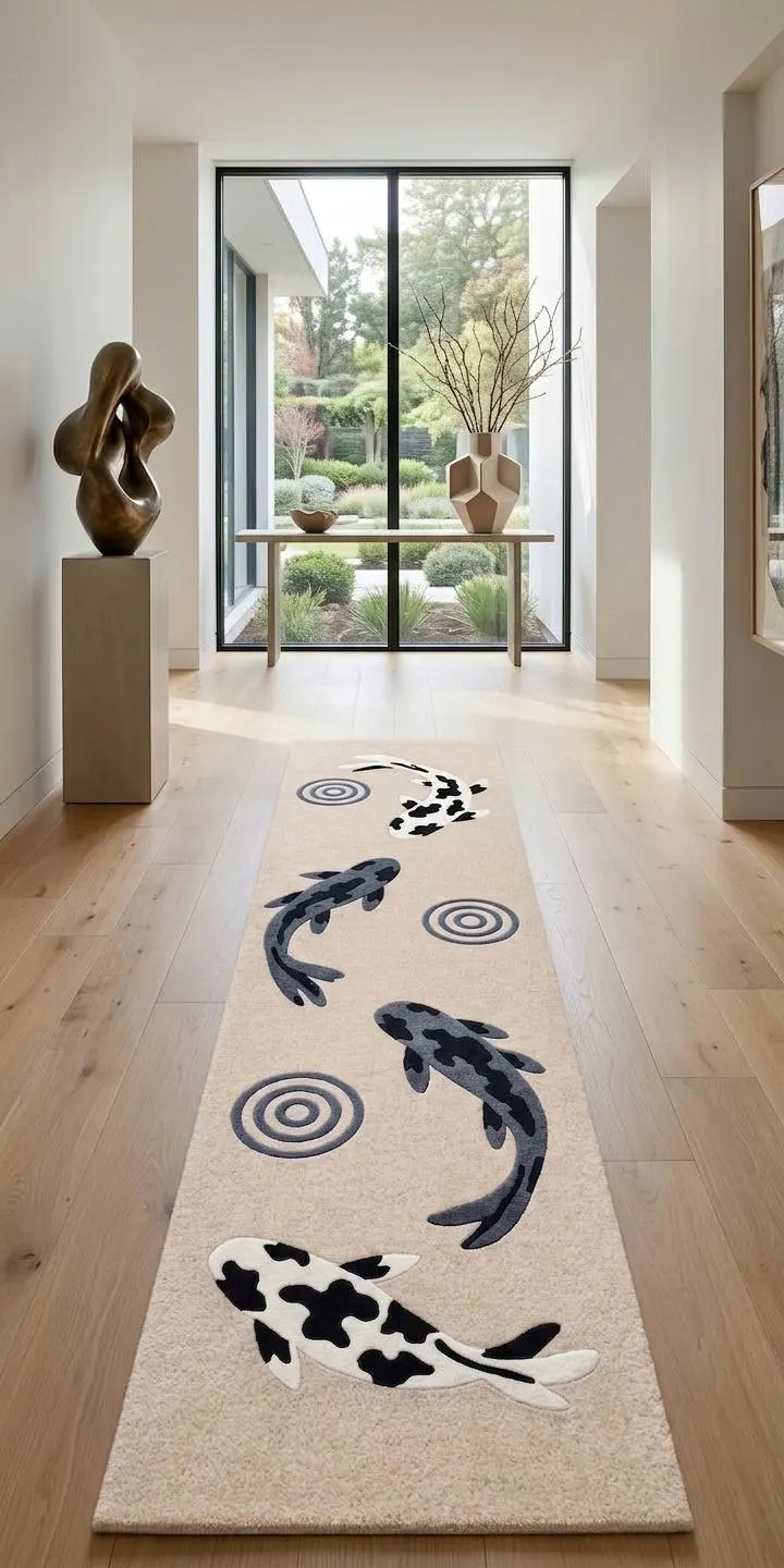 Koi Fish Runner Rug, Hand Tufted Wool Runner 2.5x8, Japanese Zen Asian Art Rug, Black White Tan Hallway Rug, Living Room Entryway Decor