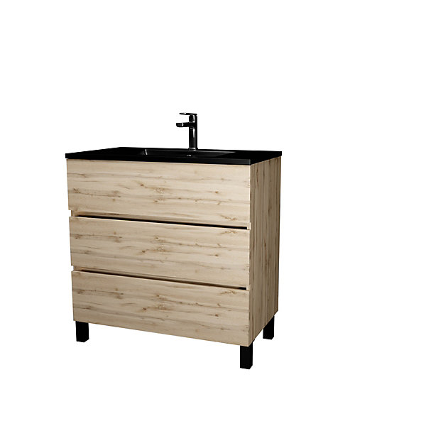Ensemble sous vasque à poser effet chêne naturel 3 tiroirs   vasque noire, l.80 cm, Galedo Timber