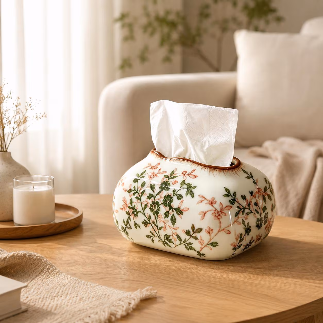 Floral CeramicTissue Box Cover, HandmadePorcelainTissue Holder, VintageBotanical Home Decor, ElegantBathroom VanityDecor, Living Room Accent