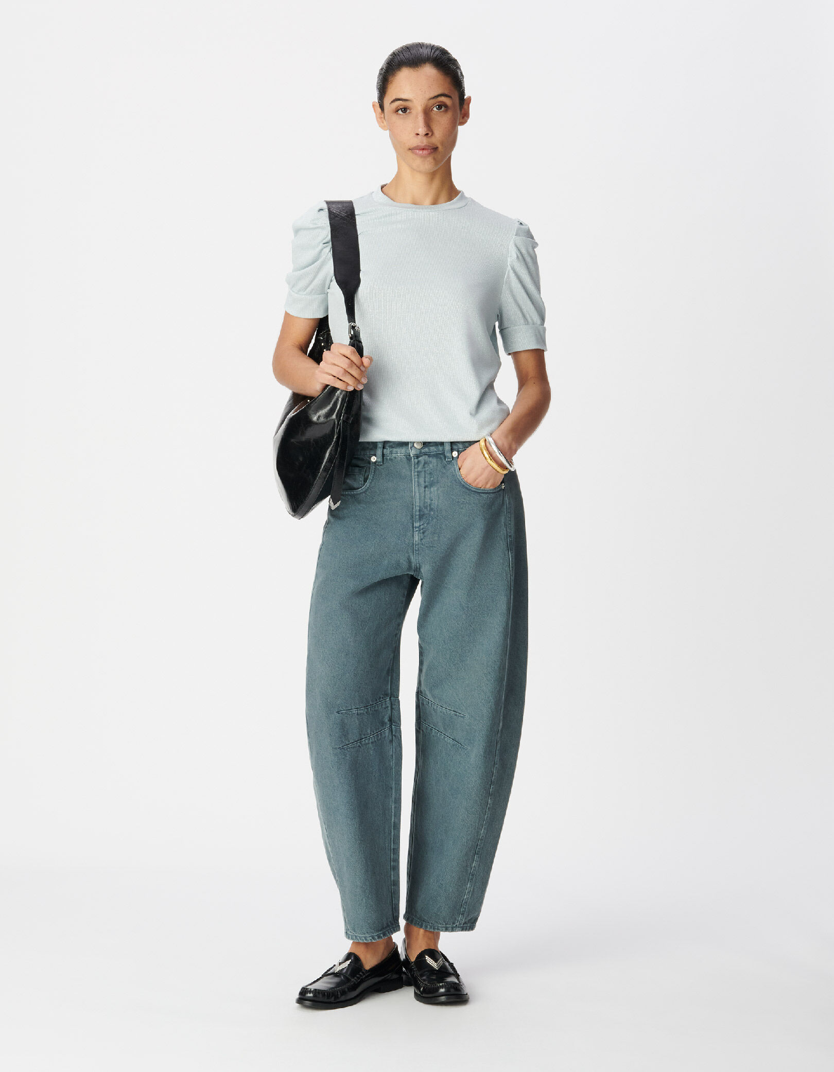 Tee-shirt col rond bleu pailleté manches froncées Femme
