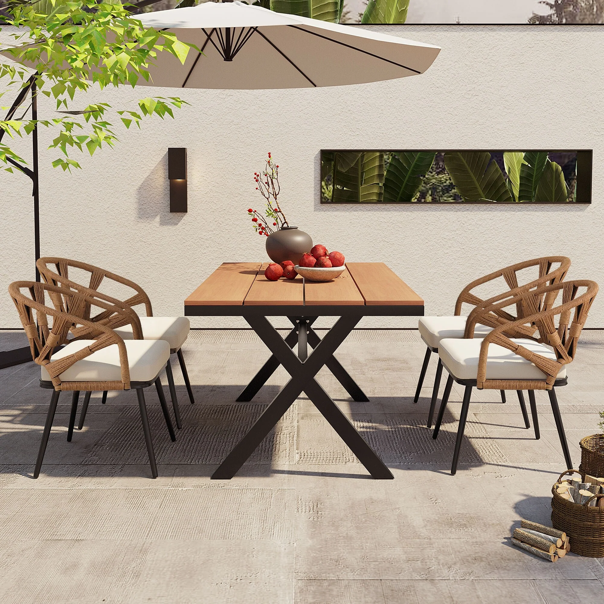5 Pcs Outdoor Dining Table and Chairs Set, Patio Furniture Sets with PE Rattan Chairs and Rectangular Wood Table