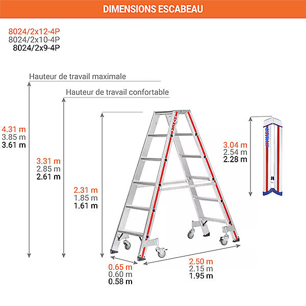 Escabeau double roulant 2x10 marches - Hauteur max. de travail 3,8m - 8024/2X10-4P