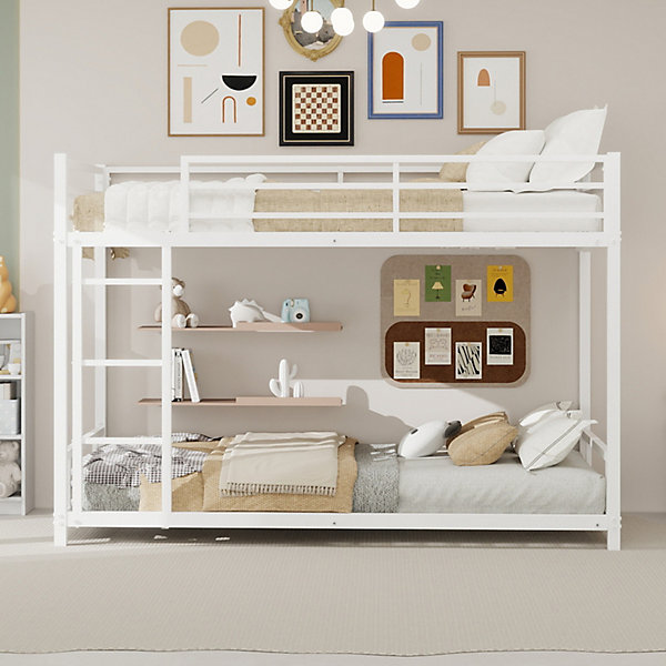 Lit Superposé 90x190 cm - Lit Enfant Simple avec échelle et Barrière de Sécurité - Structure en Fer - sans Matelas - Blanc