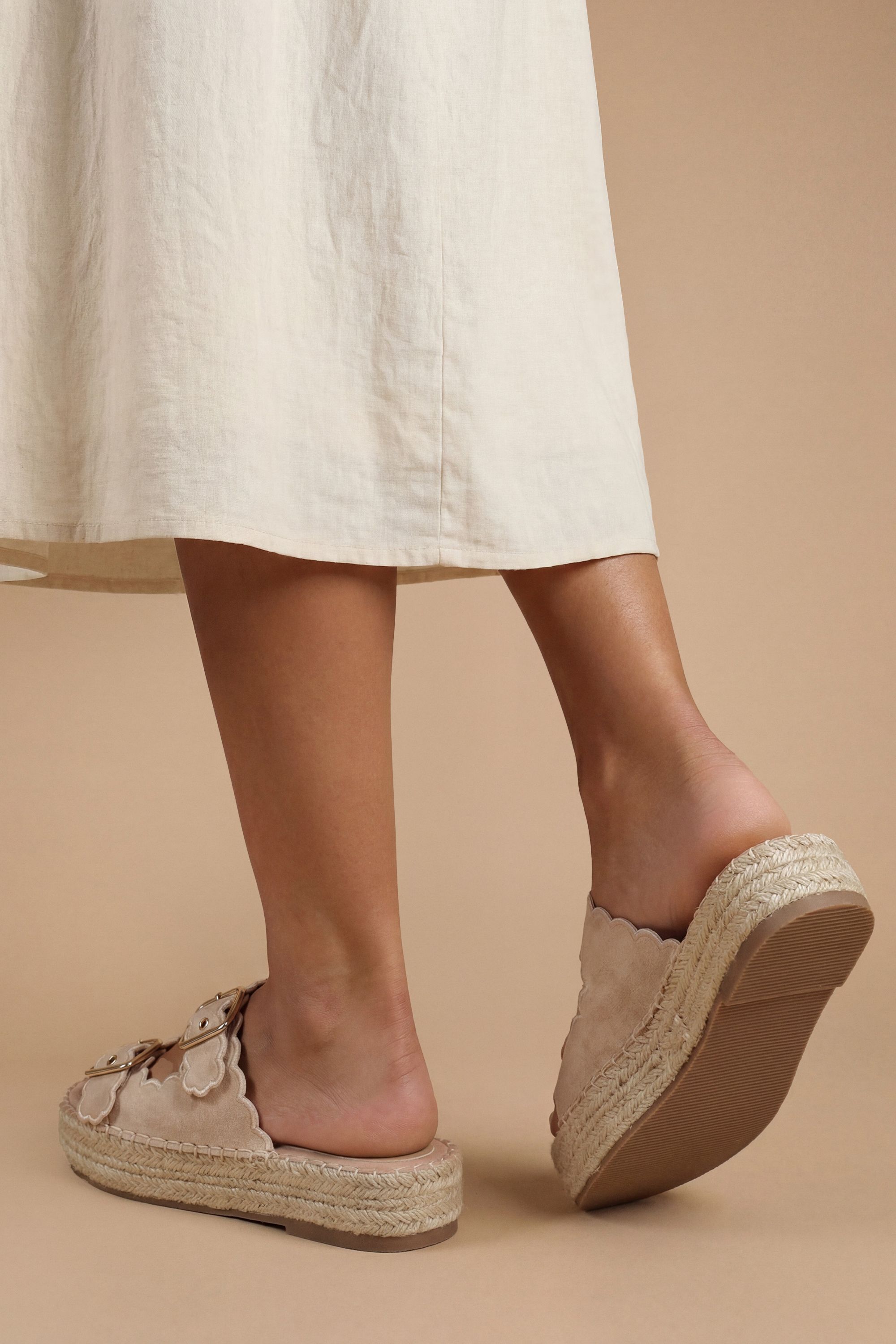 Oasis Bridget Faux Suede Scallop Detail Buckle Footbed Sandals