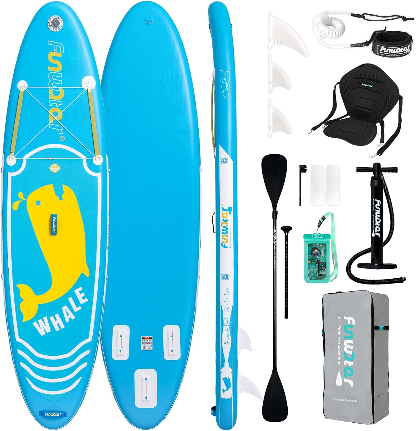 FunWater Aufblasbares Stand Up Paddle Board Surfbrett SUP Komplettes Paddleboard Zubehör Verstellbares Paddel, Pumpe, ISUP Reiserucksack, Leine, wasserdichte Tasche, Erwachsene Paddelboard