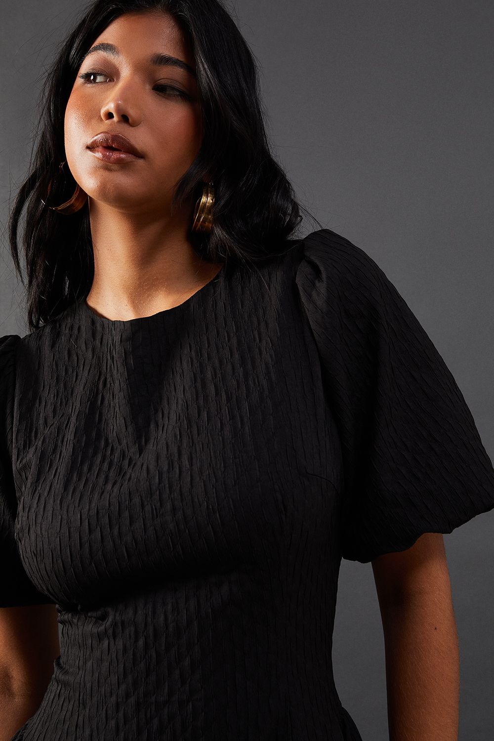 Warehouse Seersucker Organza Godet Side Puff Sleeve Midi Dress