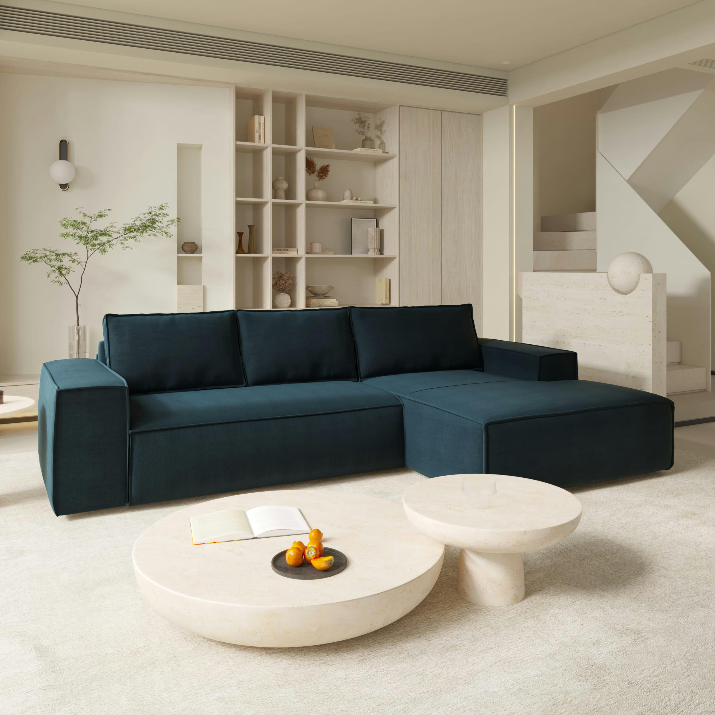 JOAN - Canapé convertible angle droit dunlopillo velours bleu paon 140cm