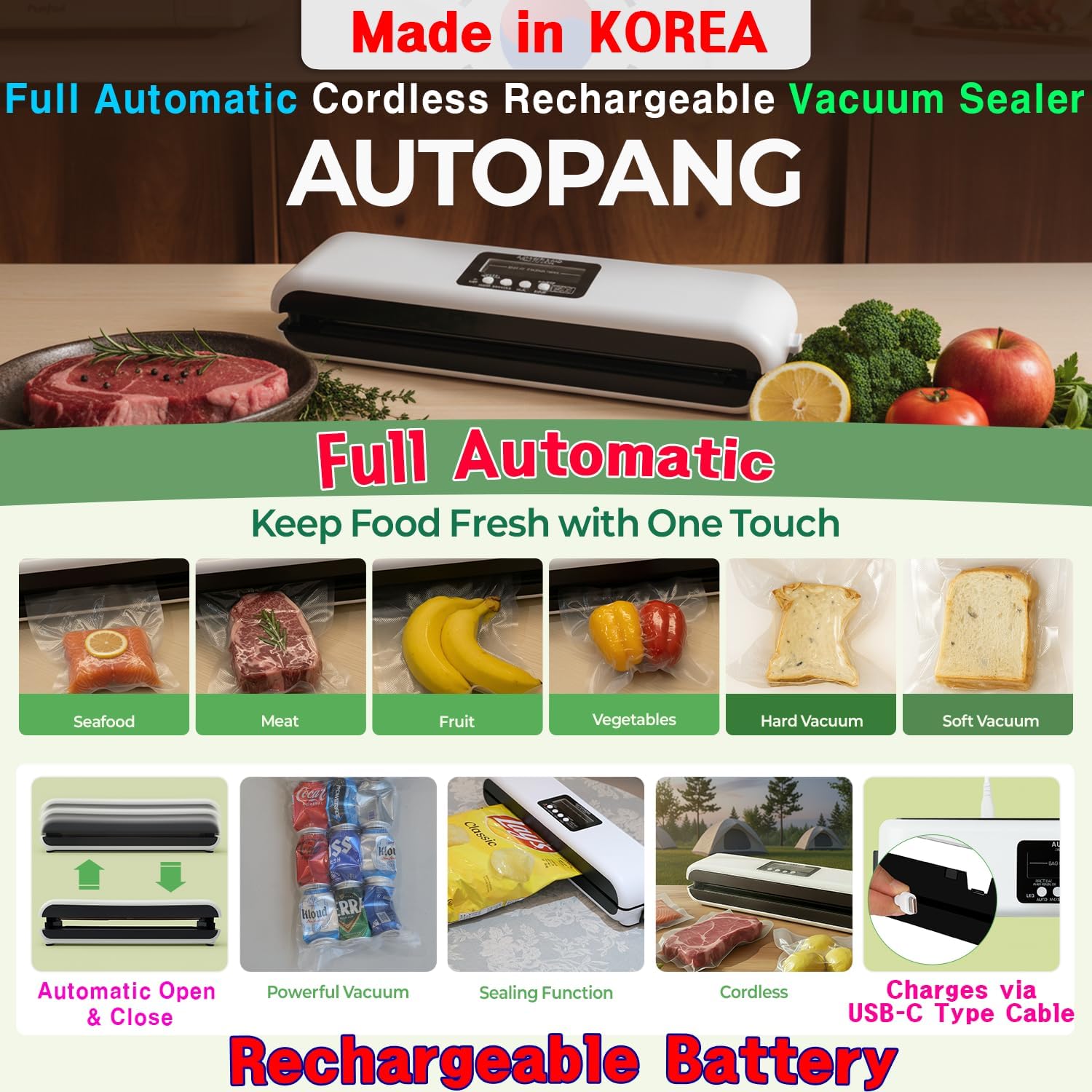 Automatic Vacuum Sealer Machine, Cordless Food Preserver with 85Kpa Suction & Pulse Mode, Durable Silicone Chamber, Includes 20 Exclusive Sealer Bags