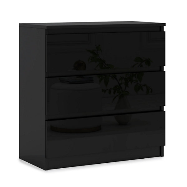 Commode 3 Tiroirs, Noir Mat / Noir Brillant, 70 X 39 X 79 Cm