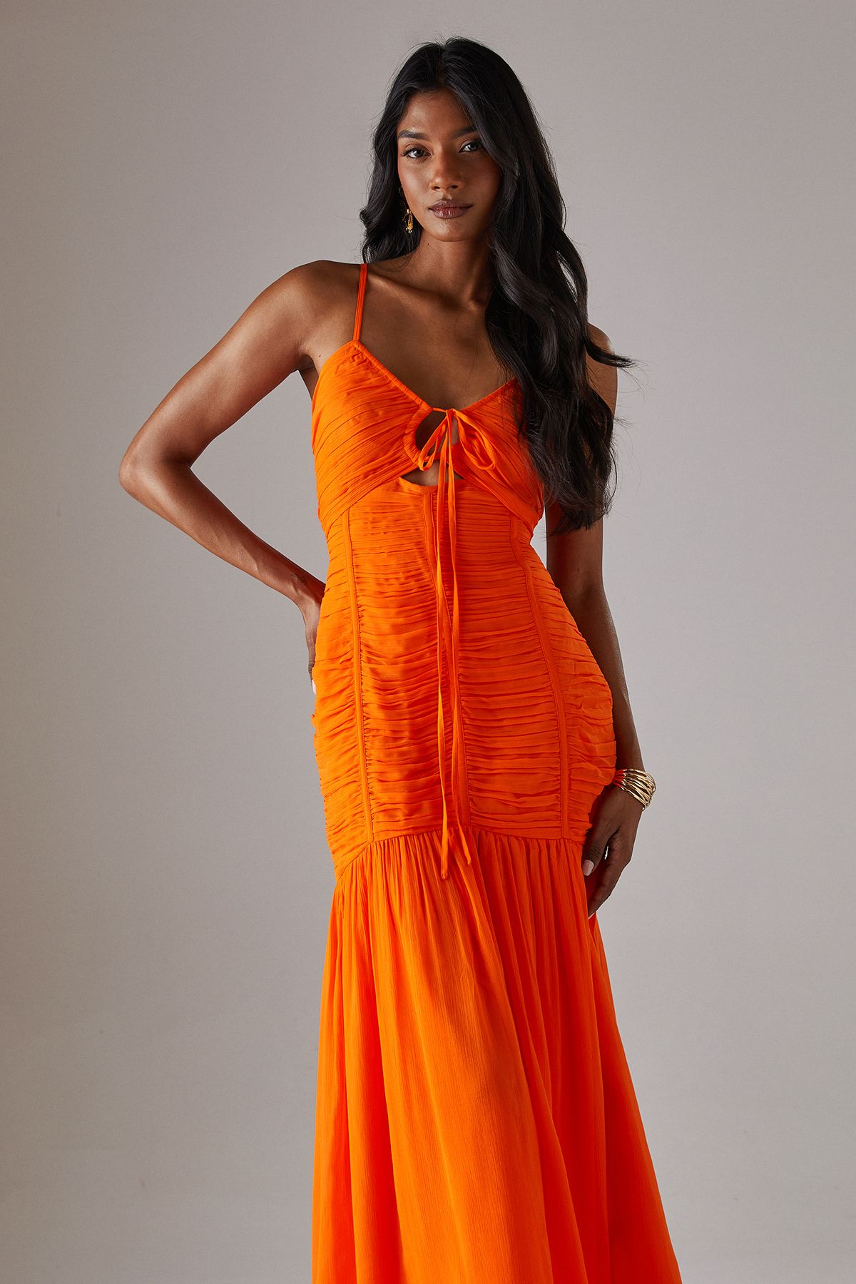 Warehouse Chiffon Gathered Channel Strappy Midi Dress