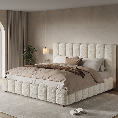 Lit coffre rembourré 180x200cm - Tête de lit rembourrée - Rangement sous le lit - Sommier à lattes - Bouclé - Blanc(sans matelas)