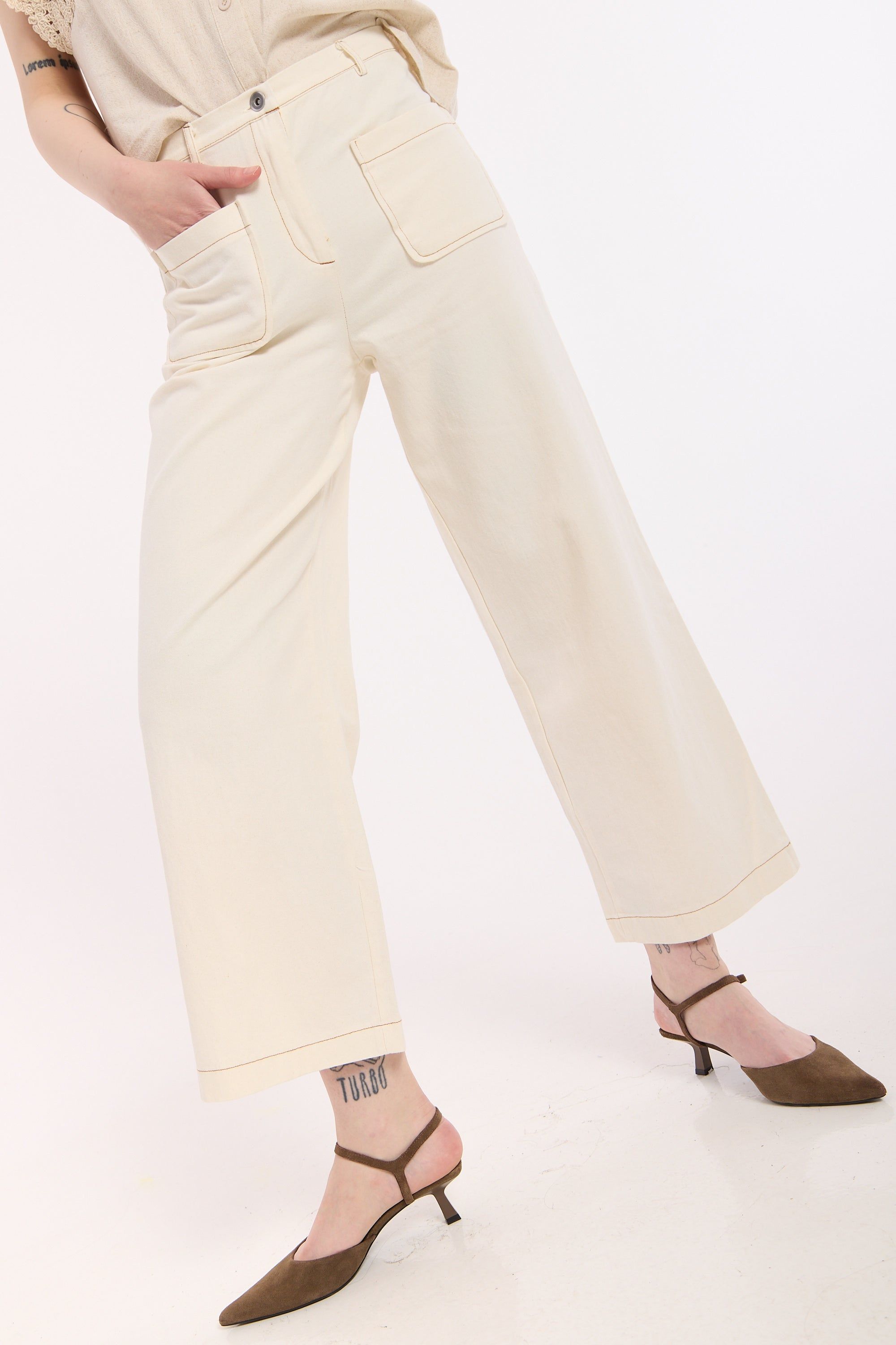 House of Holland Butter Cream Cotton Wide Leg Trousers