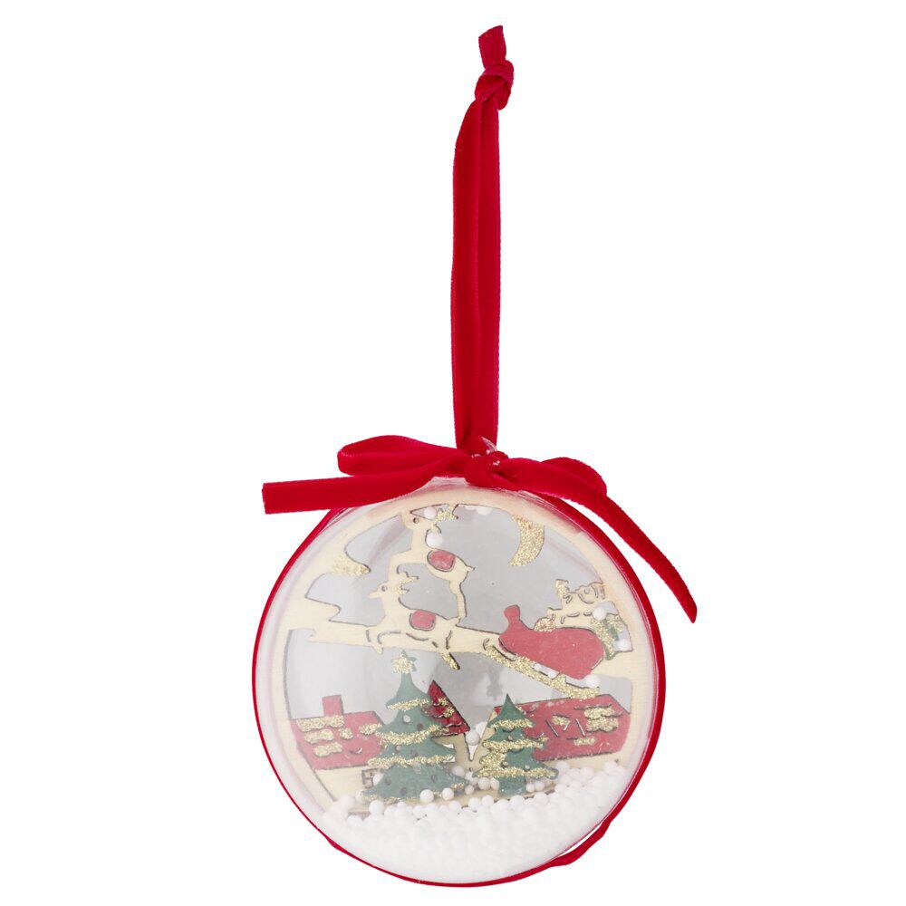 Boule de No&euml;l transparente déco village rouge