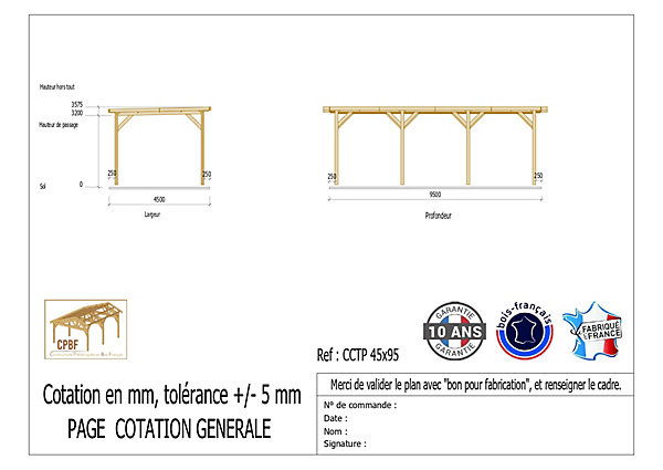 Carport toit plat 450cmx950cm bois DOUGLAS français (charpente - auvent - abri camping-car). 43 m². Garantie 10 ans.