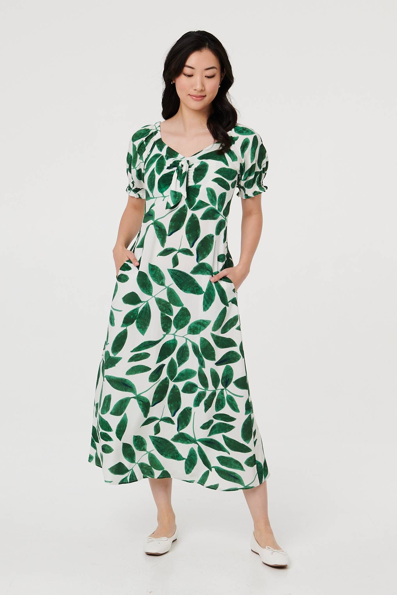 Izabel London Leaf Print Tie Front A-Line Midi Dress