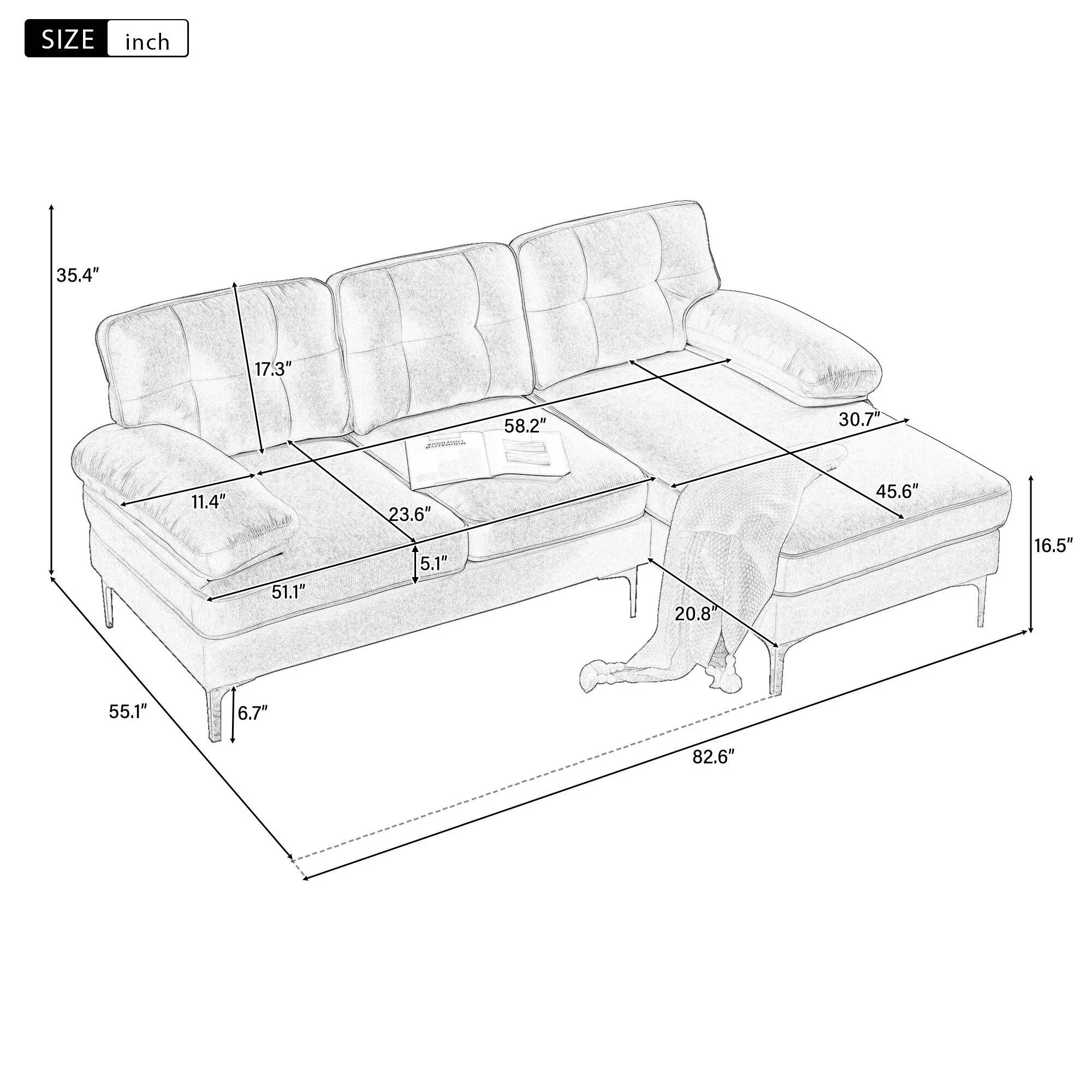 82.6 Modern Sectional Sofas Couches Velvet L-Shaped Couches for Living Room, Bedroom, Black