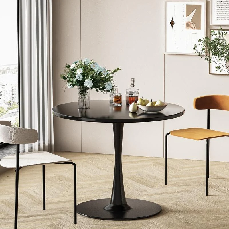 Grondin Mid-Century Modern Round Kitchen or Dining Table with Premium MDF Top and Steel Pedestal Base for Dining Room