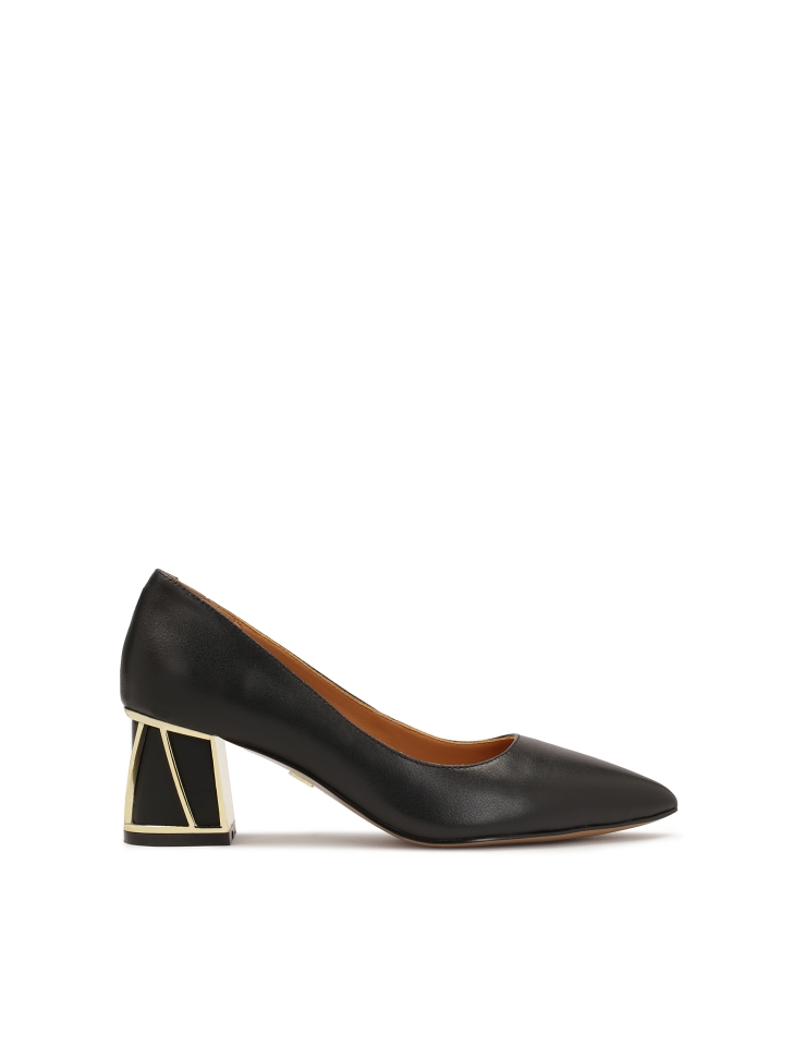Black leather pumps with gold embellishment on the heel