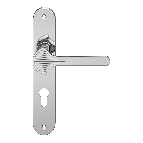 Ensemble poignée sur plaque rond GoodHome Rubian effet chromé gris L.130mm x l.40mm entraxe 195mm