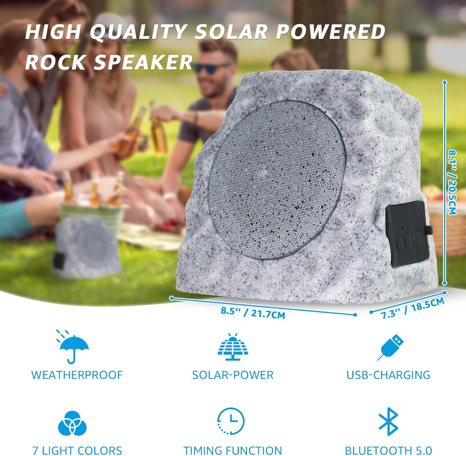 2-Pack Solar Powered Rock Speakers Outdoor Water-Resistant with 3 Mode Lights and Pair Function USB Rechargeable for Patio Garden Party Pool Outside(Two)