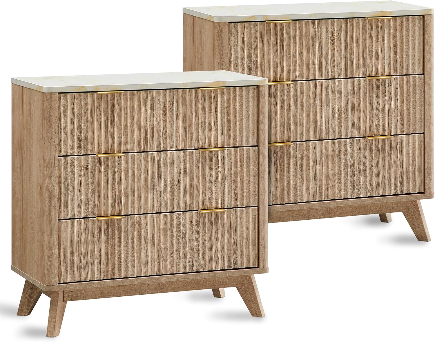 T4TREAM Fluted 3 Drawers Nightstand Set of 2, Oversized Extra Large Modern Side Table with Faux Marble Top, End Table Bedside for Bedroom, Living Room, Curved Profile Design, Natural Oak