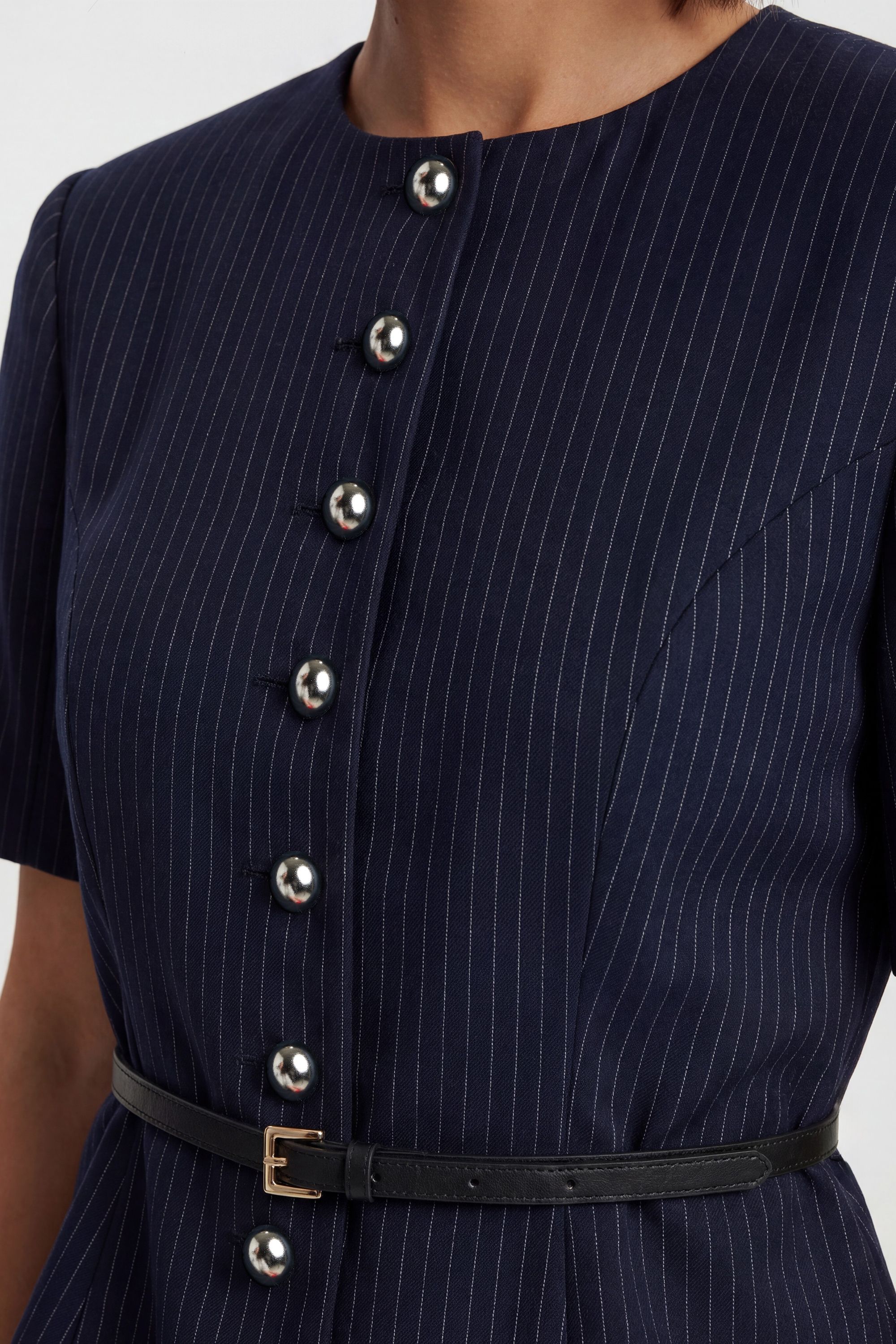 KarenMillen Tailored Pinstripe Peplum Belted Midi Dress