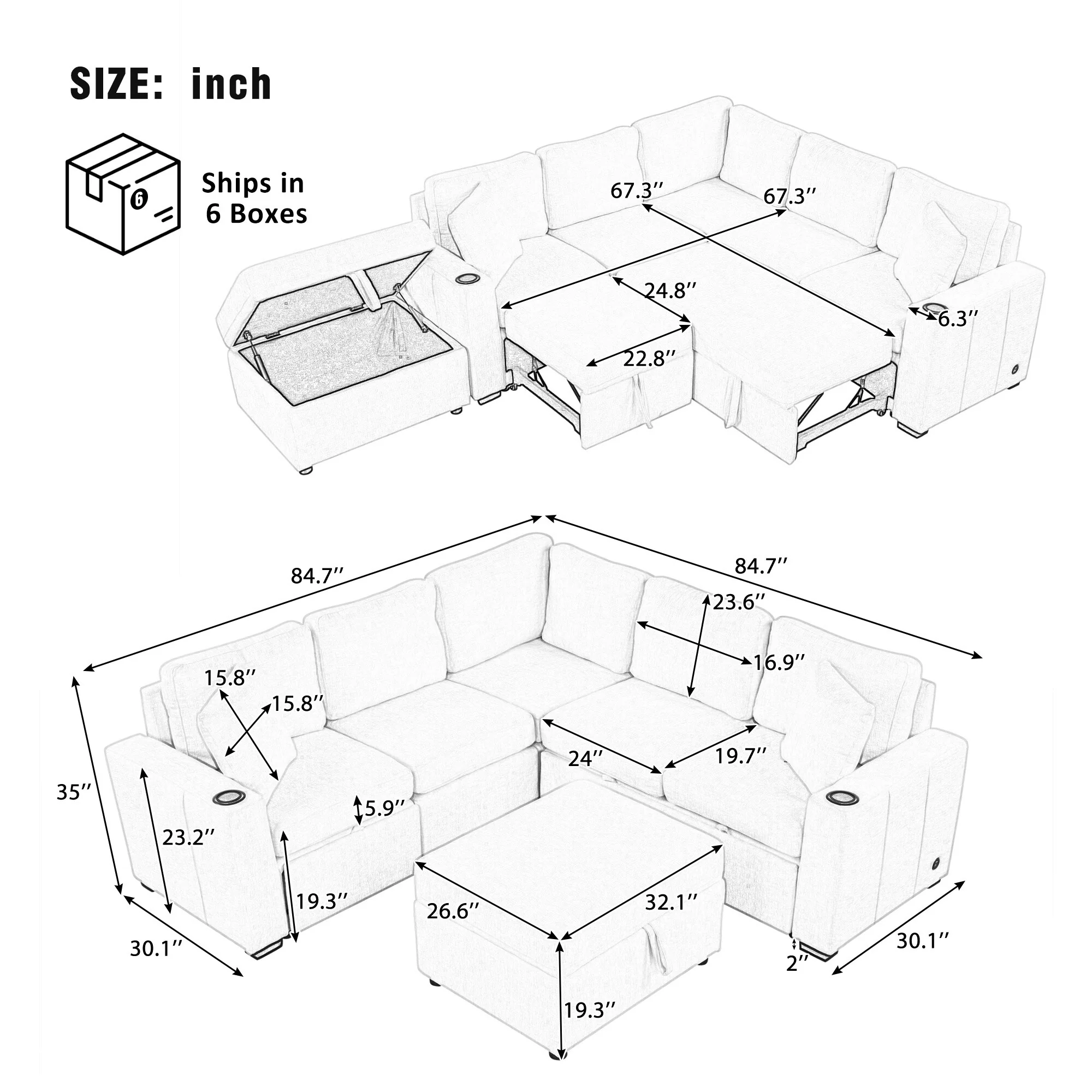 84.7 Sectional Sofa Convertible Pull-out Sofa Bed L-shaped Sofa U-shaped Sofa with a Movable Storage Ottoman