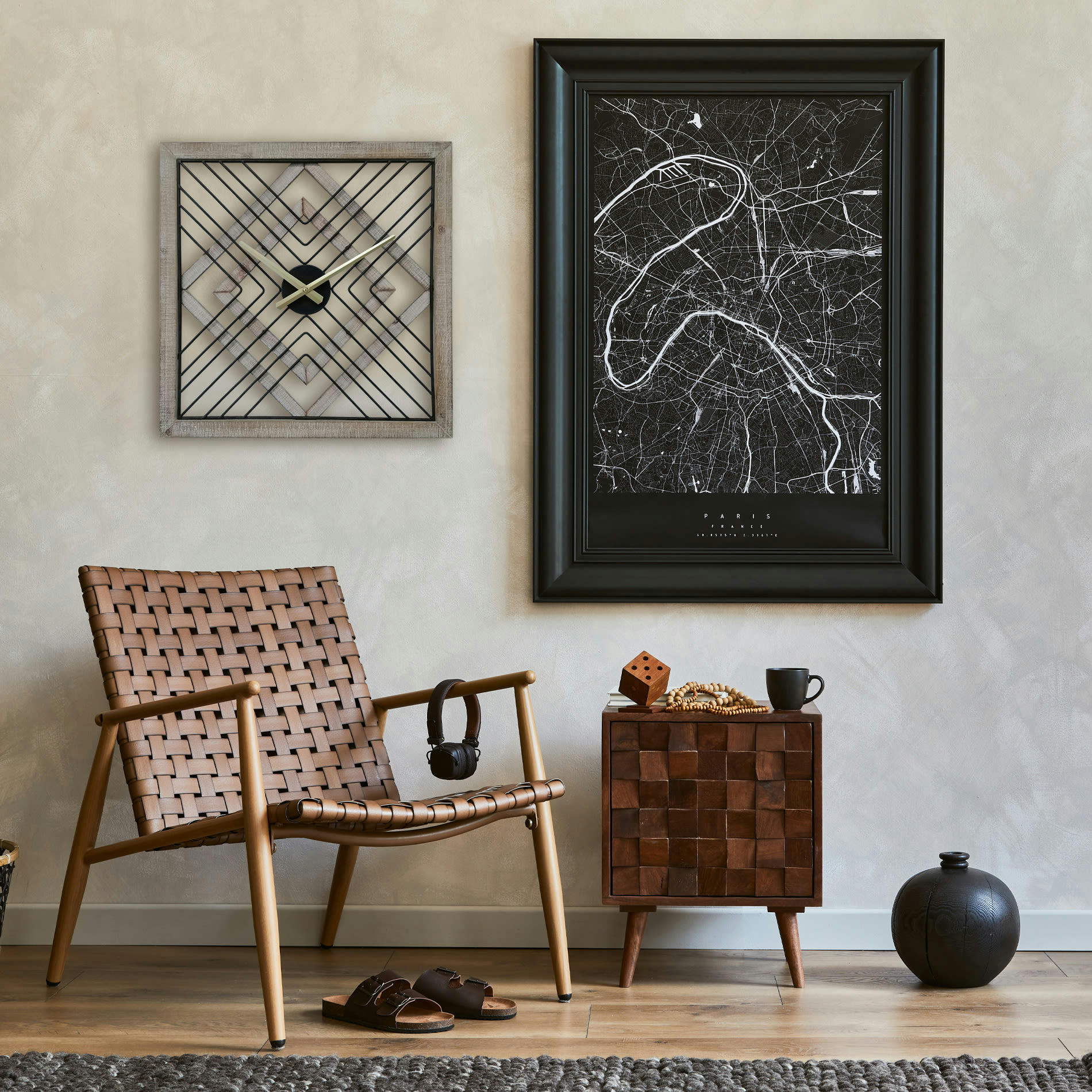 - Horloge murale carrée en MDF et métal noir et brune 50x50x4,5 cm