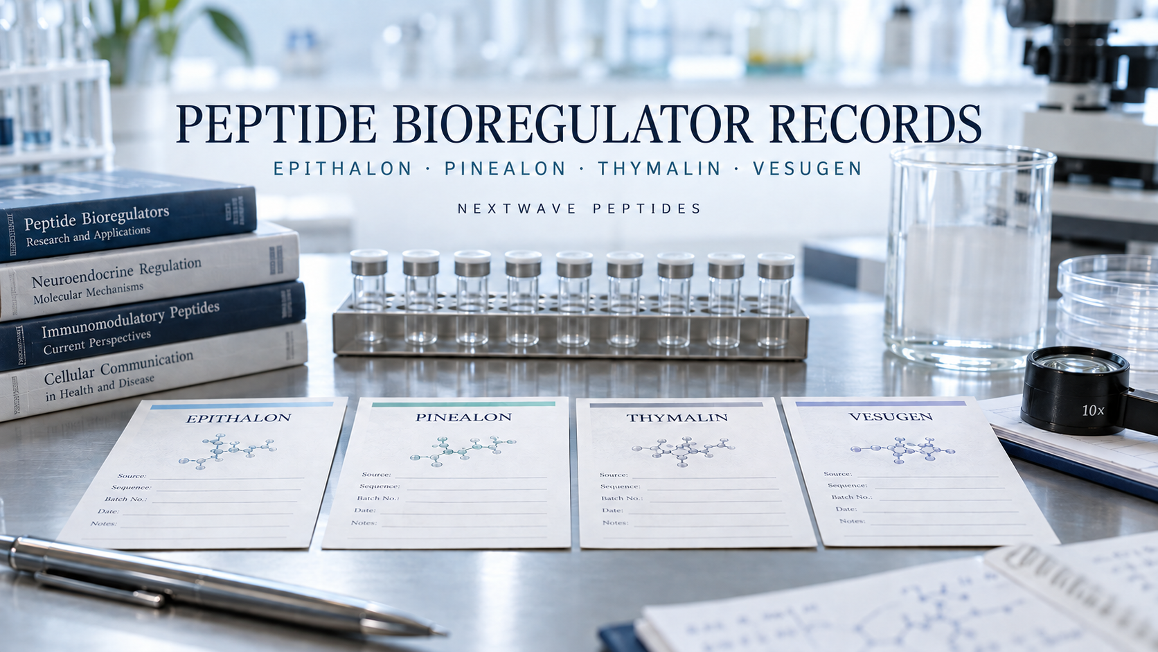 NextWave Peptides laboratory editorial cover for Peptide Bioregulators: Naming Epithalon, Pinealon, Thymalin, and Vesugen.