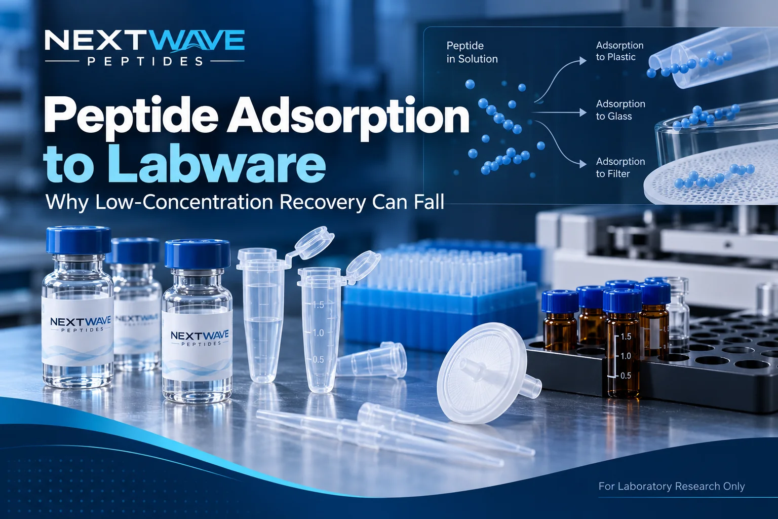 Research peptide vials, tubes, pipette tips, filters, and autosampler vials illustrating adsorption to laboratory surfaces.