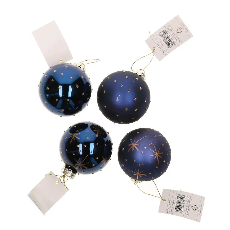 G. Wurm Kerstballen - 12x - blauw - D6 cm - glas - gedecoreerd