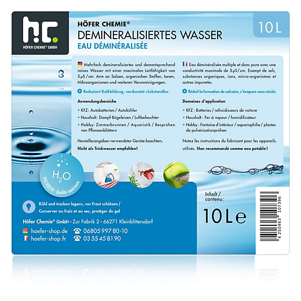 Eau Déminéralisée Pure1 x 10 L, Idéale Pour Radiateurs, Fers À Vapeur &Plus