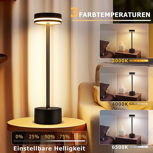 Lampe de table led sans fil nettlife, lampe de chevet à intensité variable 3 000 k-6 500 k avec port usb-c, tactile, noire