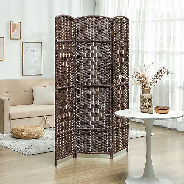 Paravent intérieur 3 panneaux pliables en bois séparateur de pièce style bohème tissé chocolat