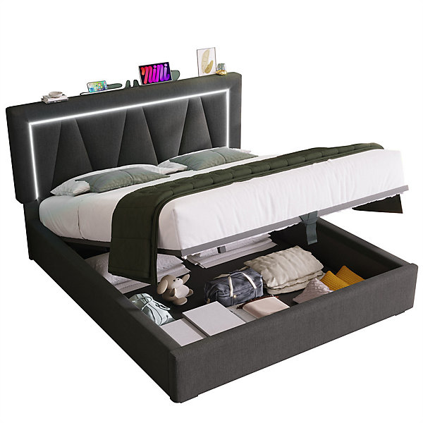 Lit rembourré lit coffre 140x200 cm lit de rangement lit eclairage led avec fonction de chargement usb type c lit double lin gris