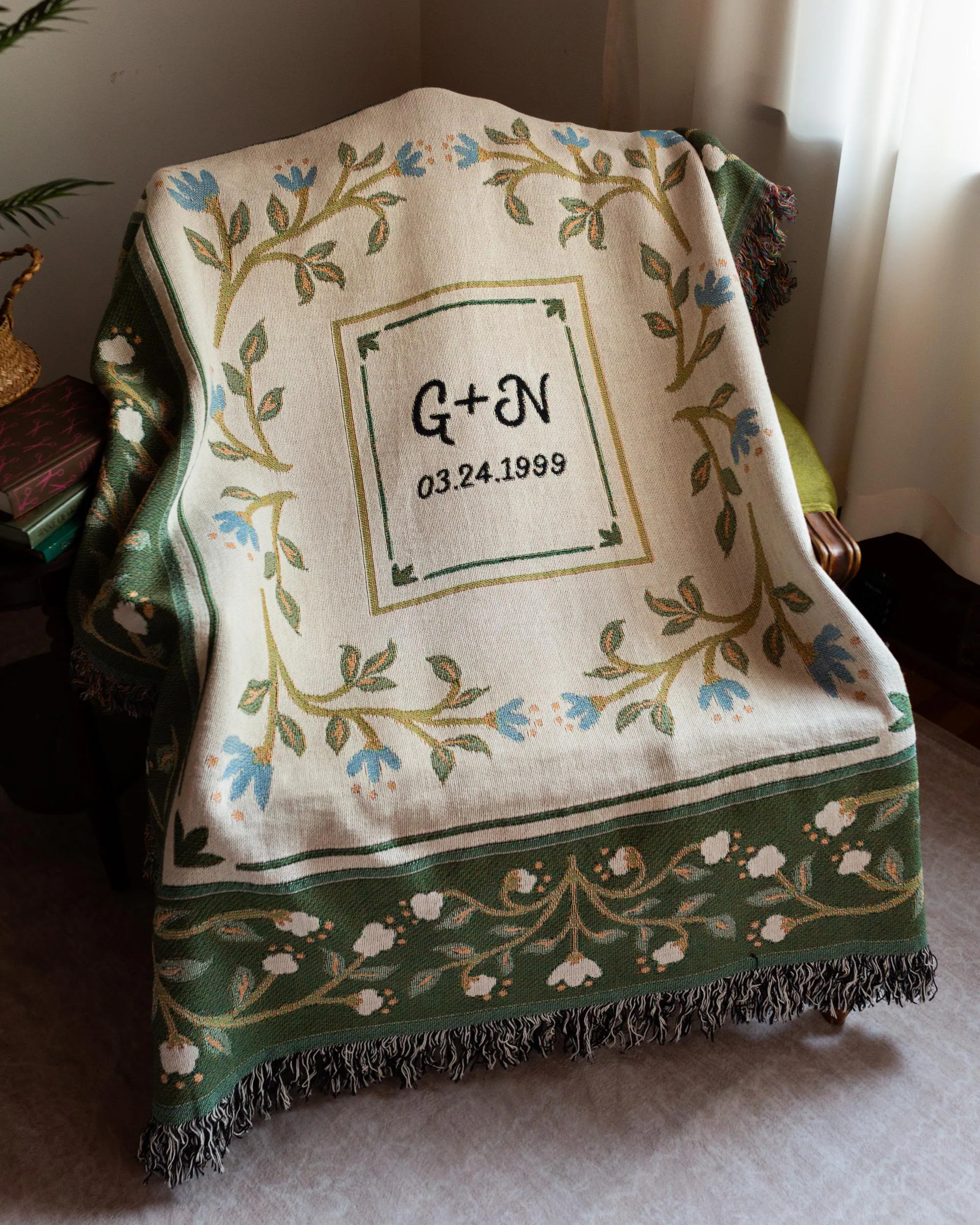 Floral Anniversary Blanket: Personalized Wedding Woven Throw with Couples Initials & Date