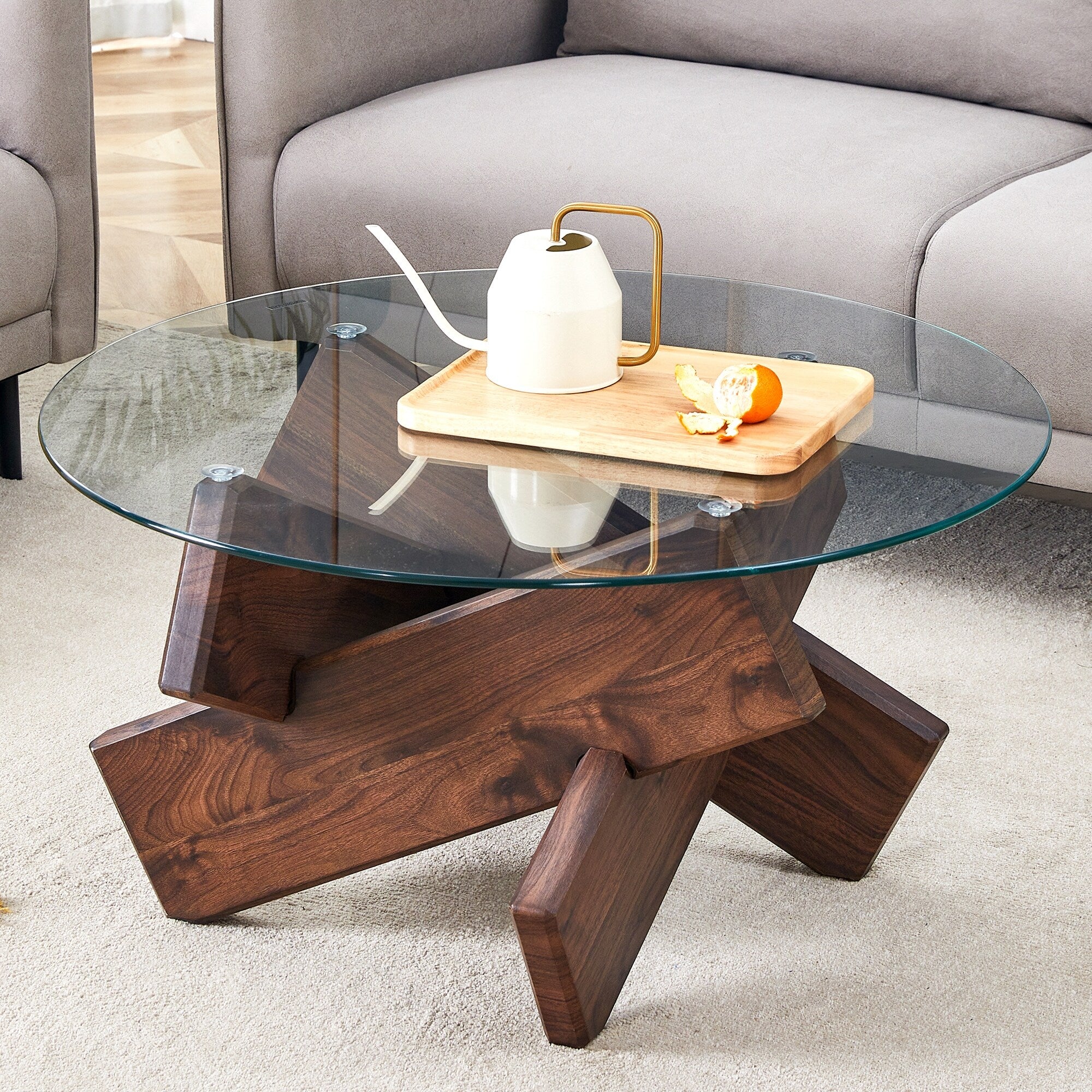 Round Coffee Table, Modern Center Table with Tempered Glass Top, Unique Wood Tea Table for Living Room, Walnut