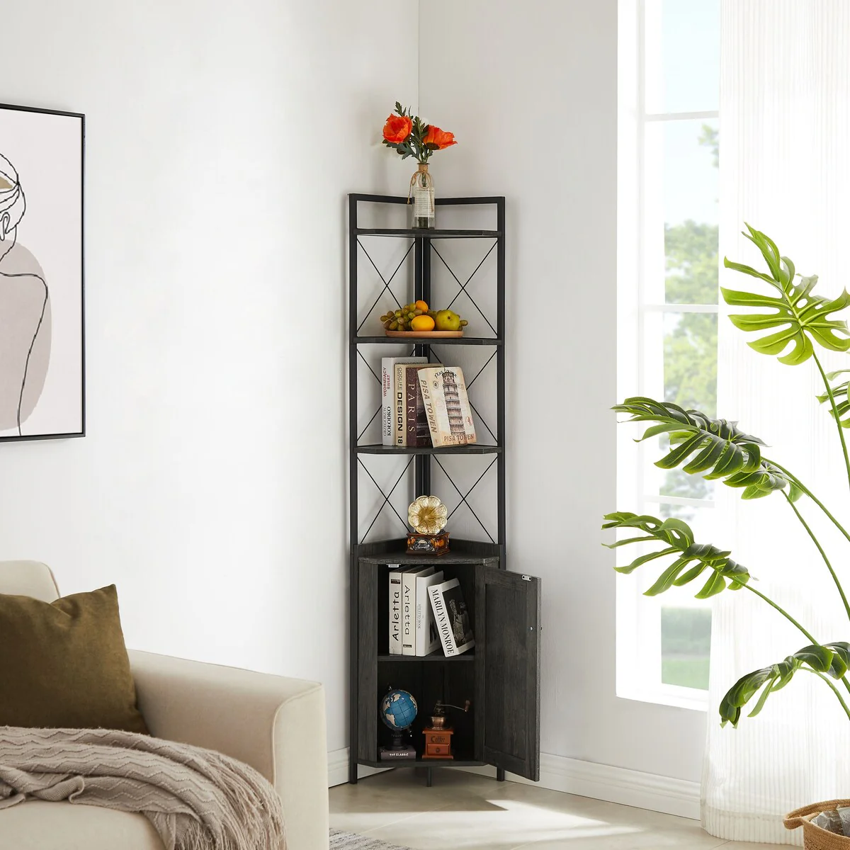 Corner Shelf 5-Tier with Storage，Corner cabinet Bookshelf Stand Storage Rack