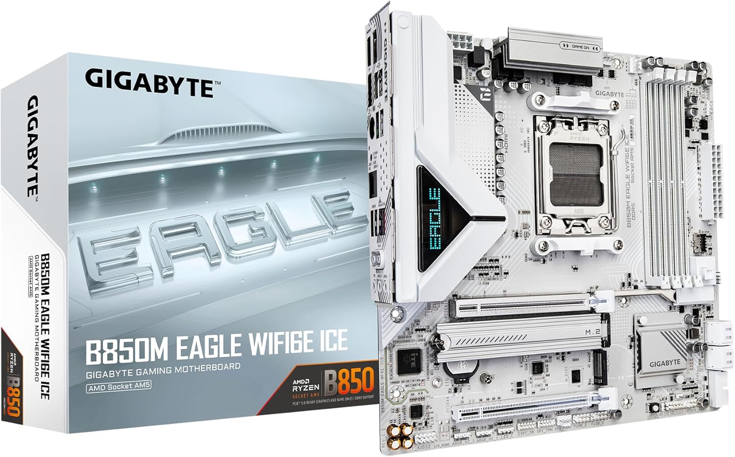 GIGABYTE B850M Eagle WIFI6E ICE AMD AM5 mATX Motherboard, Support AMD Ryzen 9000/8000/7000 Series, DDR5, 8+2+2 Power Phase, 2X M.2, PCIe 5.0, USB-C, WIFI6E, 2.5GbE LAN, EZ-Latch, 3-Year Warranty