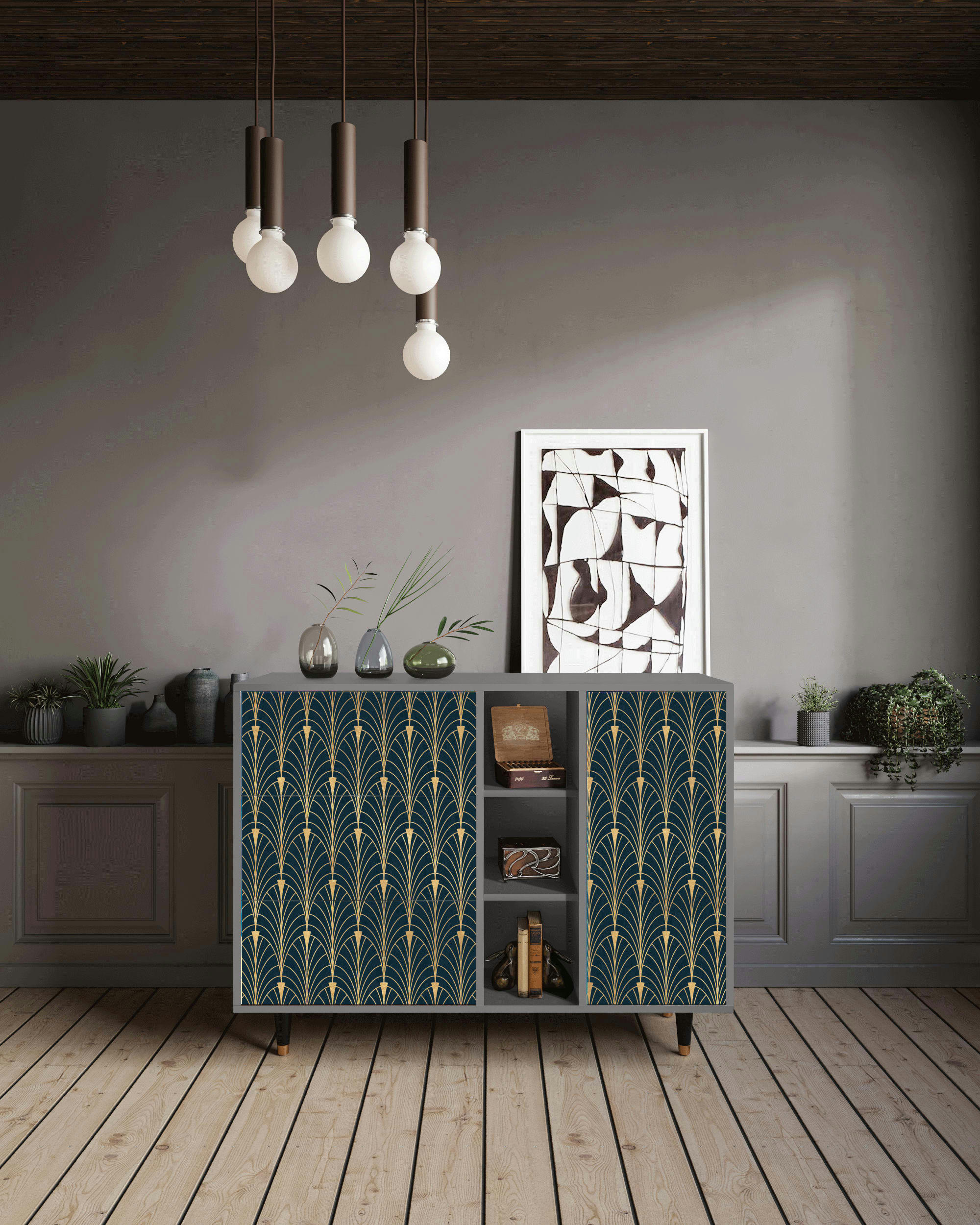 FLOWER OF THE NILE - Buffet  bleu et jaune 3 tiroirs et 1 porte L 125 cm