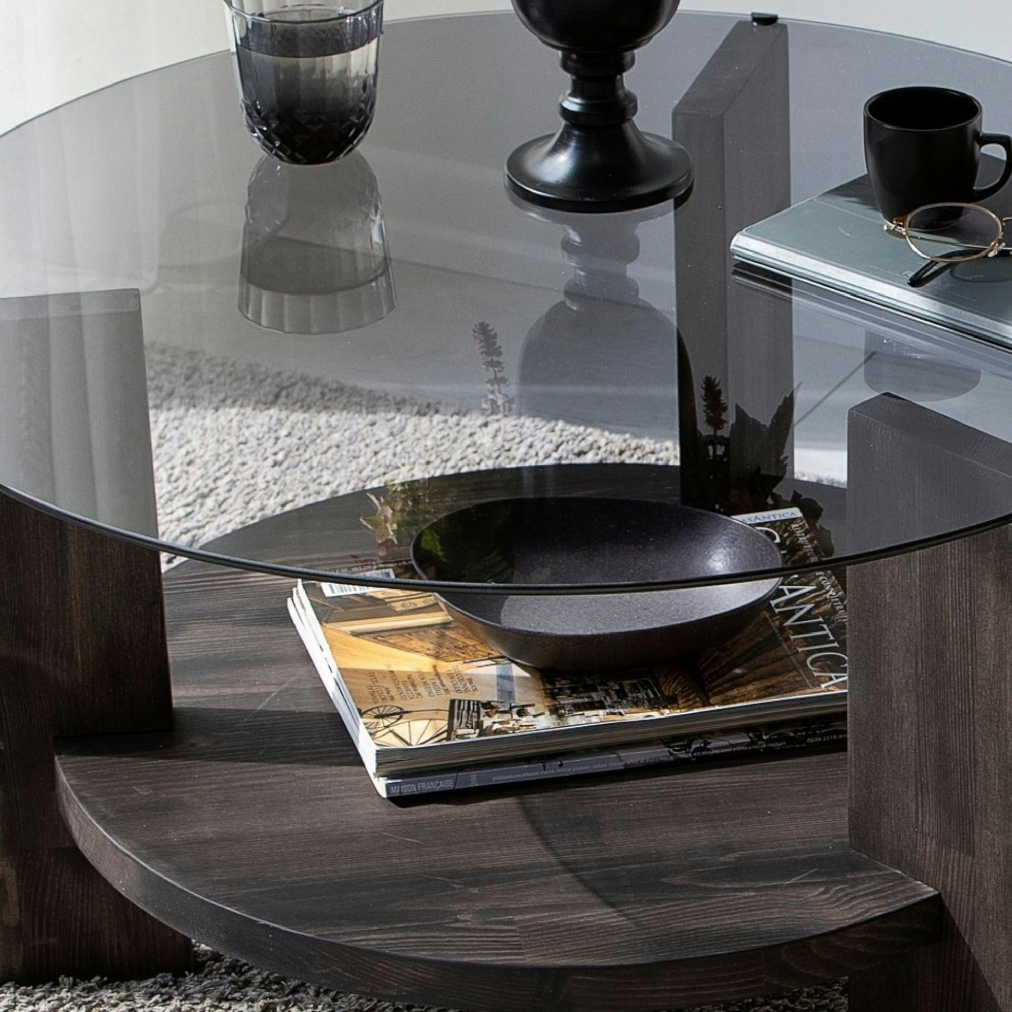 Table basse ronde verre fumé - 2 plateaux anthracite ANZIO
