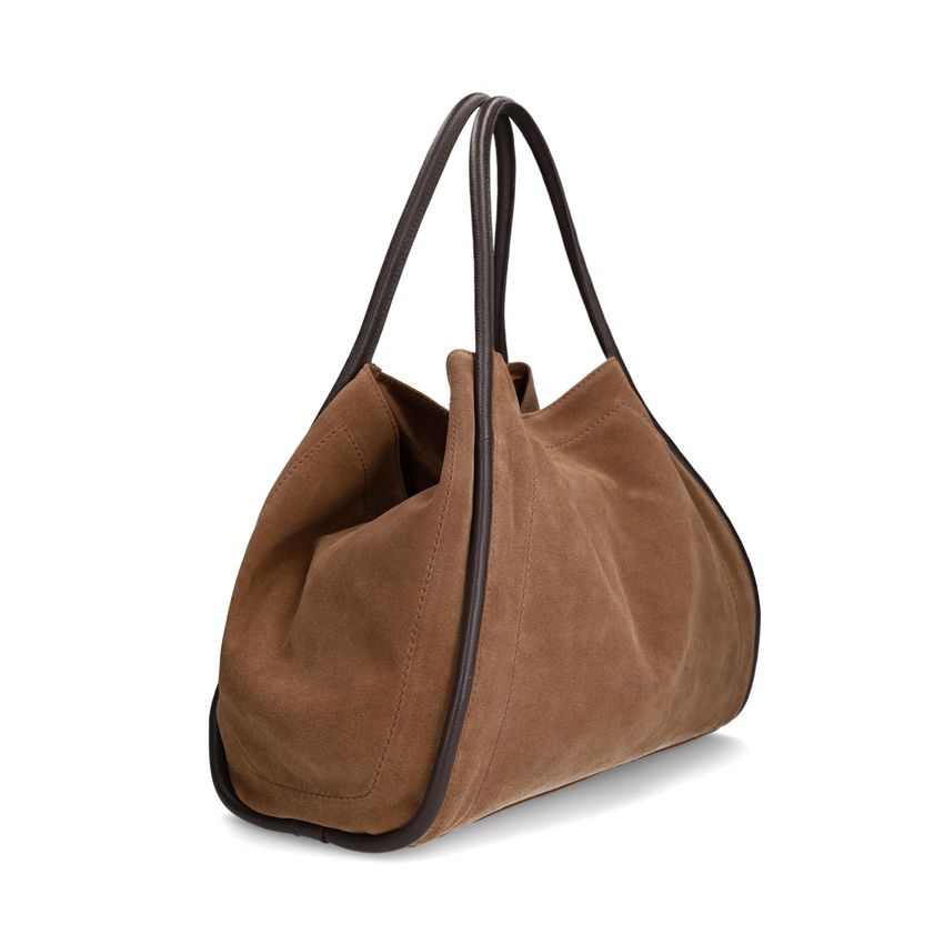 Manfield Taupe suède handtas met bruine handvaten